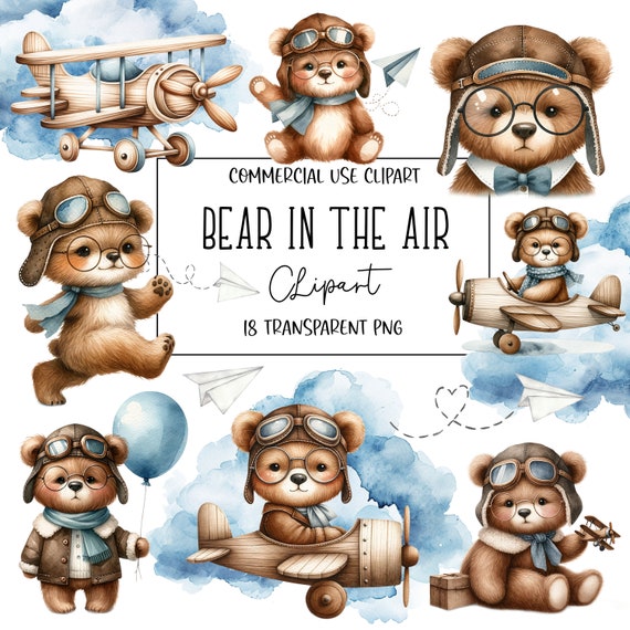 Bear In The Air, Watercolor Clipart, Bear Clipart, Aviator, Baby Boy, Aviator Bear, PNG File, Transparent Background, Digital Download