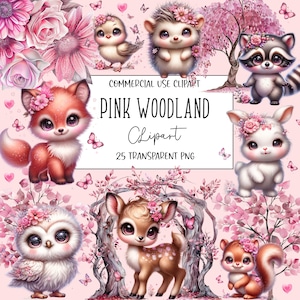 Clipart forêt rose, clipart aquarelle, Png de la forêt, animaux de la forêt, fichier PNG, fond Transparent, téléchargement numérique instantané
