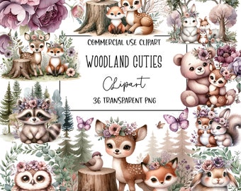 May include: A set of 36 woodland animal illustrations featuring a variety of cute animals, including a deer, fox, bear, raccoon, owl, bunny, and squirrel. Each animal is wearing a flower crown and is surrounded by greenery. The illustrations are perfect for creating invitations, cards, and other crafts.