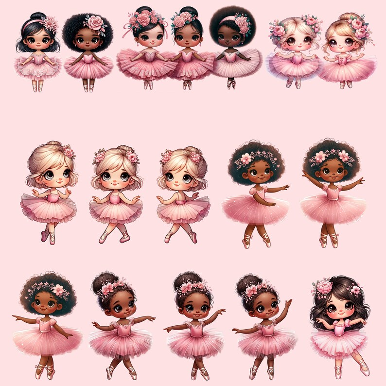 May include: A digital illustration of 15 adorable ballerina girls with pink tutus and floral headbands. The girls have different hair colors and styles, and some are wearing pink shoes. The background is a light pink color.