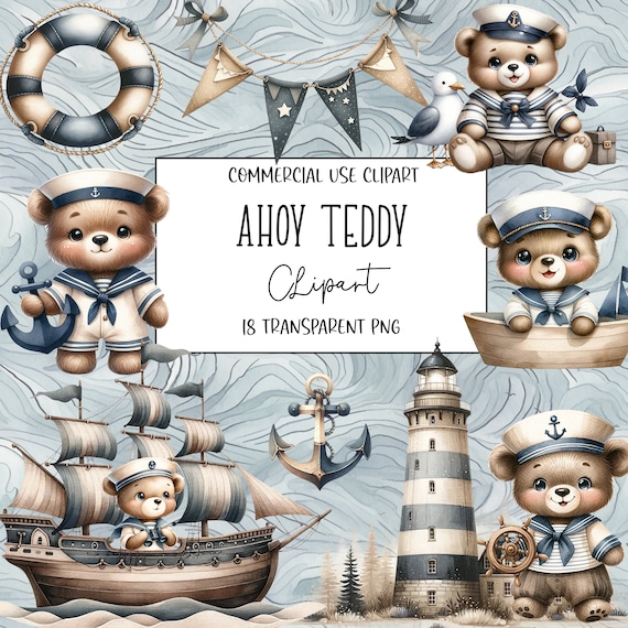 Ahoy Teddy, Watercolor Clipart, Bear Clipart, Sailor, Baby Boy, Sailor Bear, PNG File, Transparent Background, Digital Download