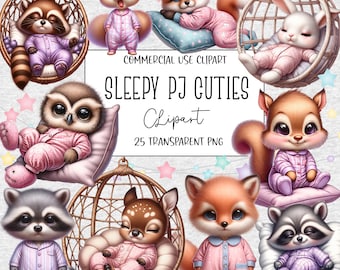 Sleepy PJ Cuties, Watercolor Clipart, Animals Sleeping Png, Baby Clipart, Clipart Bundle, PNG File, Transparent Background, Digital Download