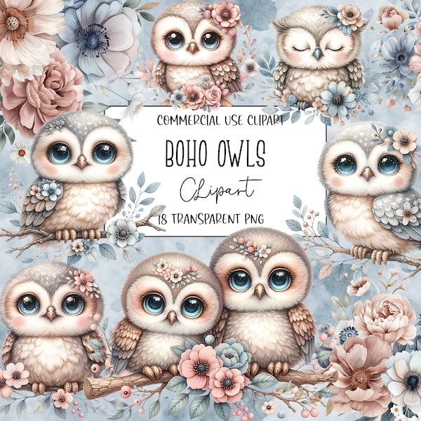 Boho Owls, Owls Clipart, Owl Png, Cute Owl Clipart Bundle, PNG File, Transparent Background, Instant Digital Download