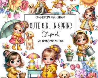 Linda chica en primavera, imágenes prediseñadas de primavera, lindo png de primavera, paquete de imágenes prediseñadas, archivo PNG, fondo transparente, descarga digital