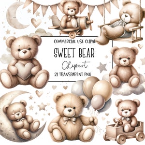 Sweet Bear, Bear Clipart, Baby Bear, Baby Shower Clipart Bundle, PNG File, Transparent Background, Instant Digital Download