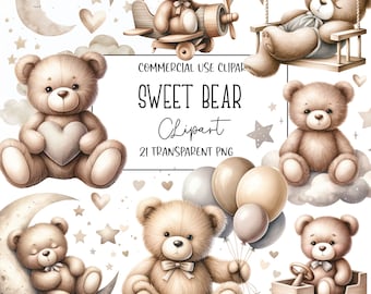 Sweet Bear, Bear Clipart, Baby Bear, Baby Shower Clipart Bundle, PNG File, Transparent Background, Instant Digital Download
