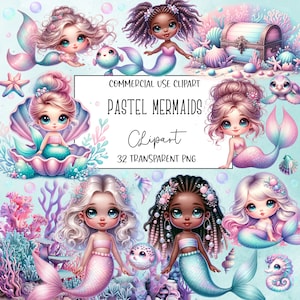 Pastel Mermaids, Mermaid Clipart, Mermaid Png, Watercolor Clipart, Mermaids, PNG File, Transparent Background, Instant Digital Download
