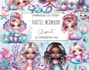 Pastel Mermaids, Mermaid Clipart, Mermaid Png, Watercolor Clipart, Mermaids, PNG File, Transparent Background, Instant Digital Download