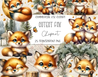 Cute Fox, Fox Clipart, Fox PNG, Clipart Bundle, Birthday Clipart, Cute Fox Png, Instant Digital Download