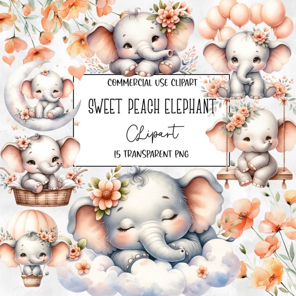 Sweet Peach Elephant, Cute Elephant Clipart, Elephant PNG, Baby Clipart, Clipart Bundle, PNG File, Transparent Background, Digital Download