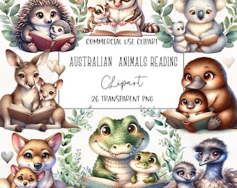 Australian Animals Reading, Reading Animals Clipart, Png, Nursery, Clipart Bundle, FAnimals Png, Transparent Background, Digital Download