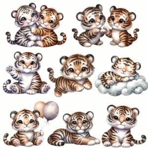 May include: Nine adorable cartoon tiger cubs in various poses. Some are sitting, some are standing, and one is sleeping on a cloud. The cubs are all orange and black with white stripes.