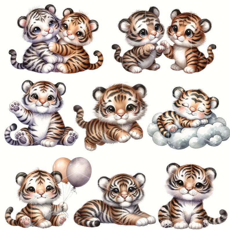May include: Nine adorable cartoon tiger cubs in various poses. Some are sitting, some are standing, and one is sleeping on a cloud. The cubs are all orange and black with white stripes.