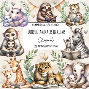 Jungle Animals Reading, Reading Animals Clipart, Png, Nursery, Clipart Bundle, Jungle Animals Png, Transparent Background, Digital Download