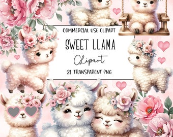 Sweet Llama, Llama Clipart, Llama PNG, Clipart Bundle, Girly Clipart, Transparent Background, Instant Digital Download