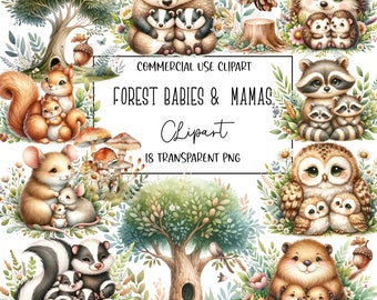 Forest Babies & Mamas, Forest Animals, Woodland, Woodland Png, Clipart Bundle, Animals Clipart, Transparent Background, Digital Download