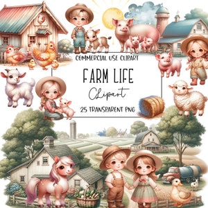 Farm Life, Watercolor Clipart, Farm Clipart, Farm Animals, PNG File, Transparent Background, Instant Digital Download