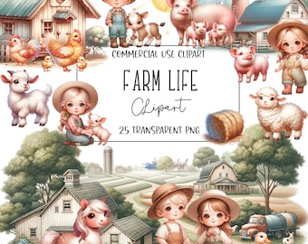 Farm Life, Watercolor Clipart, Farm Clipart, Farm Animals, PNG File, Transparent Background, Instant Digital Download