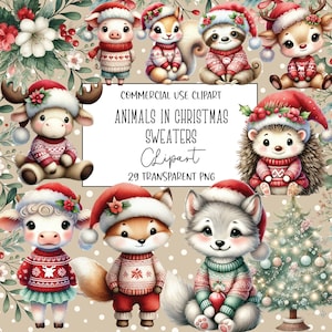 Animals with Christmas Sweaters, Christmas Clipart, Christmas Png, Watercolor Clipart, Clipart Bundle, Transparent, Digital Download