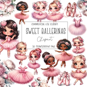 May include: A set of 30 digital clipart images featuring cute ballerina girls with pink tutus and flowers in their hair. The images are perfect for creating invitations, cards, and other crafts.