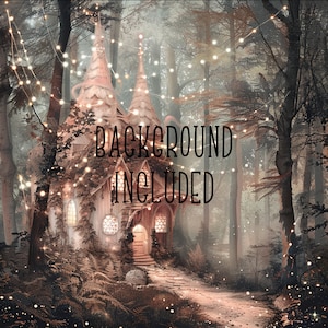 May include: A whimsical fairy house with a pointed roof and windows, nestled in a forest setting. The house is decorated with string lights and surrounded by trees and foliage. The background is a soft, dreamy blur.