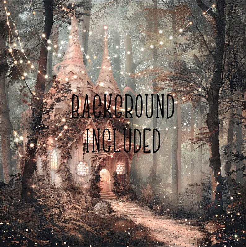 May include: A whimsical fairy house with a pointed roof and windows, nestled in a forest setting. The house is decorated with string lights and surrounded by trees and foliage. The background is a soft, dreamy blur.