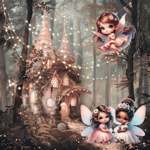 May include: Three fairies with wings and pink dresses stand in a whimsical forest setting. The fairies have brown hair and are smiling. The forest is filled with trees and a small cottage with lights strung around it.