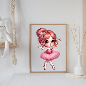 May include: A framed illustration of a ballerina with large eyes, pink hair, and a pink tutu. She is wearing pink ballet shoes and has a flower crown on her head.
