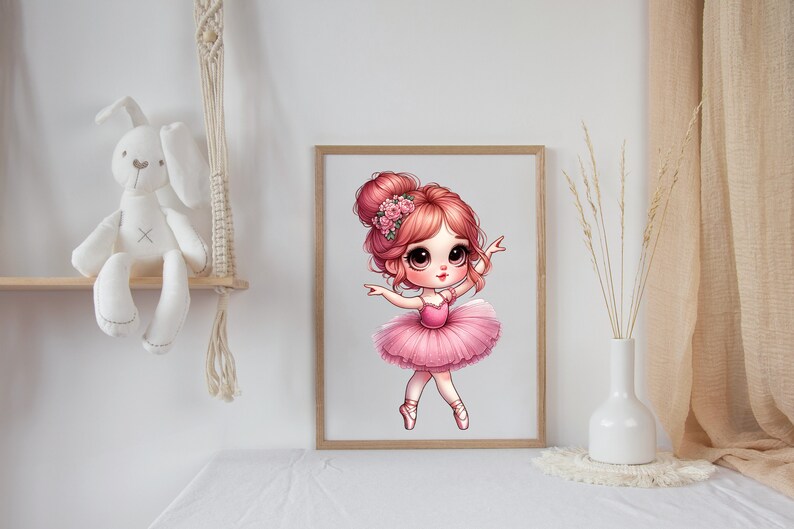 May include: A framed illustration of a ballerina with large eyes, pink hair, and a pink tutu. She is wearing pink ballet shoes and has a flower crown on her head.
