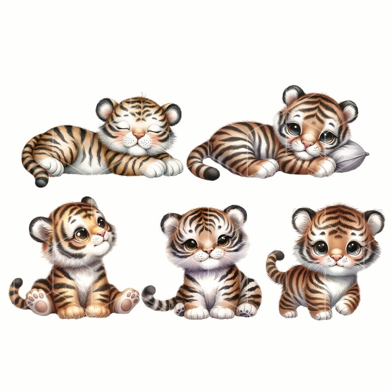 May include: Six adorable cartoon tiger cubs in various poses. Some are sleeping, some are sitting, and some are standing. All of the cubs have orange and black stripes and big, cute eyes.