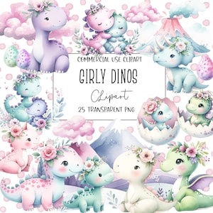 Girly Dinos, Dinosaurier Clipart, Dinosaurier PNG, Clipart Bundle, Girly Clipart, transparenter Hintergrund, sofortiger digitaler Download