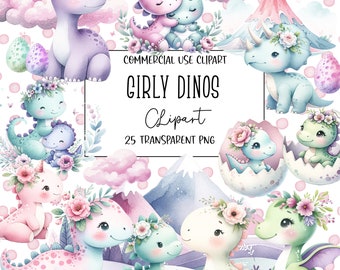 Girly Dinos, Dinosaur Clipart, Dinosaur PNG, Clipart Bundle, Girly Clipart, Transparent Background, Instant Digital Download