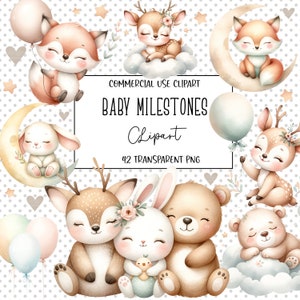 Jalons de bébé, clipart bébé, clipart baby shower, bébé Png, lot de cliparts, clipart anniversaire, animaux mignons, téléchargement numérique