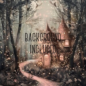 May include: A whimsical cottage with a pointed roof and windows, nestled in a forest with a path leading to the front door. The forest is filled with glowing lights and a soft, dreamy atmosphere.