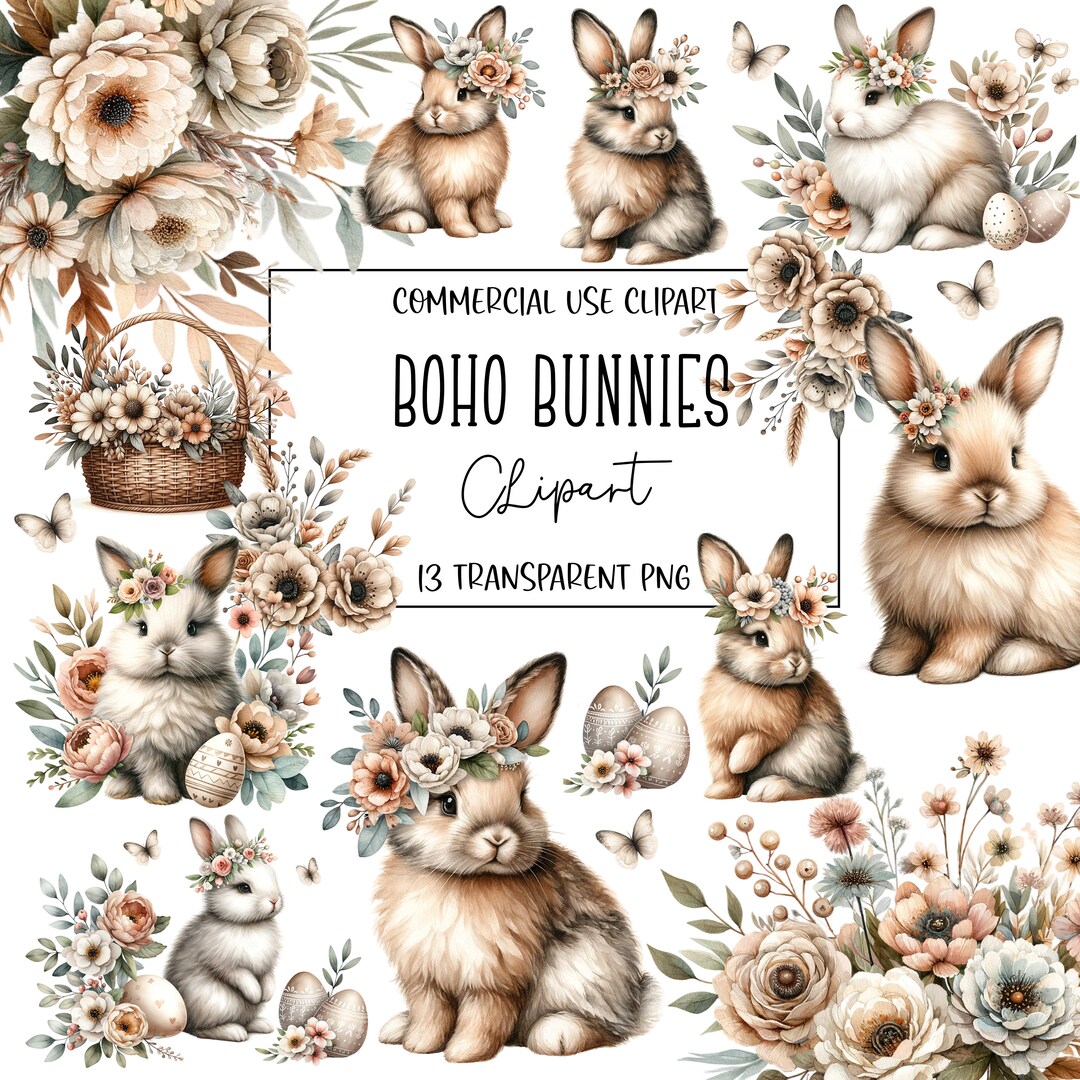 Watercolor Boho Bunnies Clipart, Watercolor Clipart, Bunnies, PNG File ...