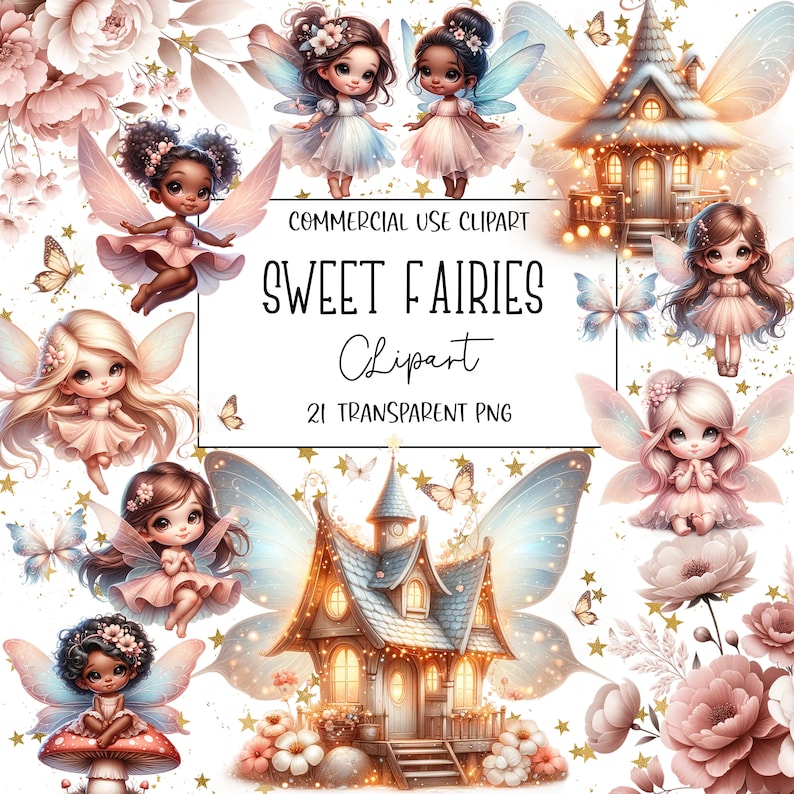 May include: A set of 21 digital clipart images featuring fairies with wings, butterflies, and a whimsical house. The fairies are dressed in pink, blue, and white dresses with delicate details. The house is a light blue color with glowing windows and a whimsical design. The images are perfect for adding a touch of magic to your digital projects.