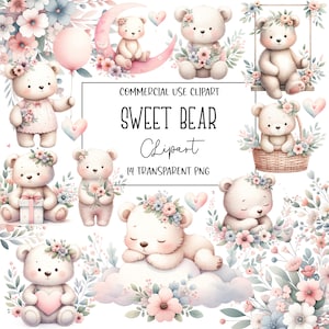Sweet Bear, Baby Girl, Cute Bear Clipart, Baby Bear, Clipart Bundle, PNG File, Transparent Background, Digital Download