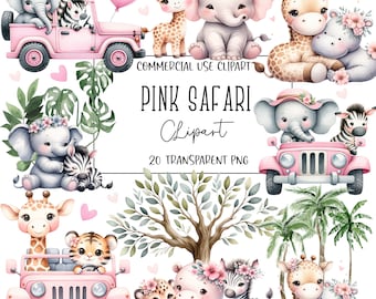 Pink Safari, Safari Clipart, Safari PNG, Girl Safari, Nursery Clipart, Clipart Bundle, Birthday Clipart, Jungle Animals, Digital Download