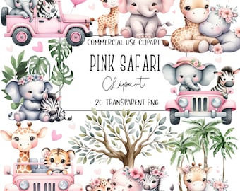 Safari rose, Clipart Safari, Safari PNG, Safari fille, Clipart chambre d'enfant, lot de cliparts, Clipart anniversaire, animaux de la jungle, téléchargement numérique