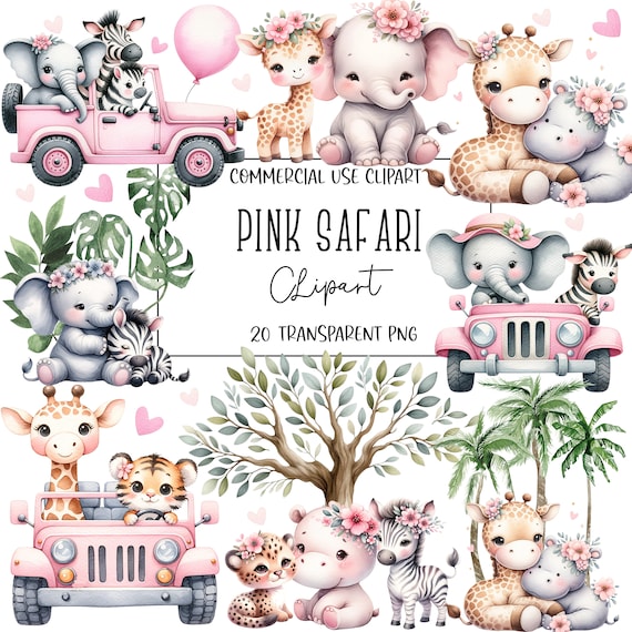 Pink Safari, Safari Clipart, Safari PNG, Girl Safari, Nursery Clipart, Clipart Bundle, Birthday Clipart, Jungle Animals, Digital Download