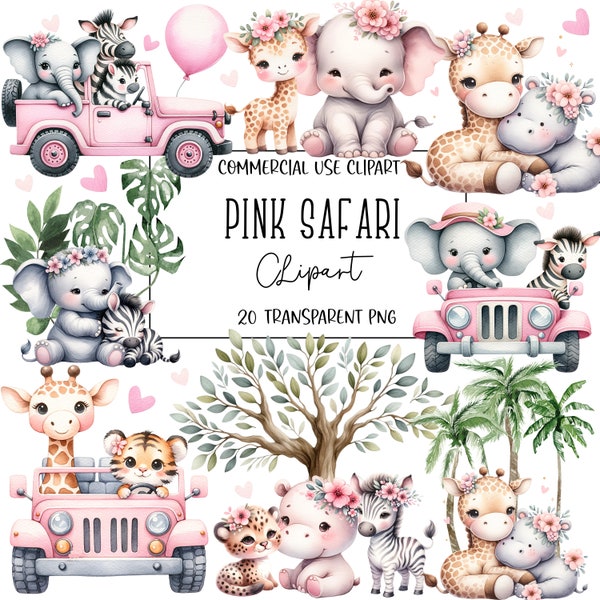 Safari rosa, Clipart Safari, PNG Safari, Safari per ragazze, Clipart per la scuola materna, Pacchetto Clipart, Clipart di compleanno, Animali della giungla, Download digitale