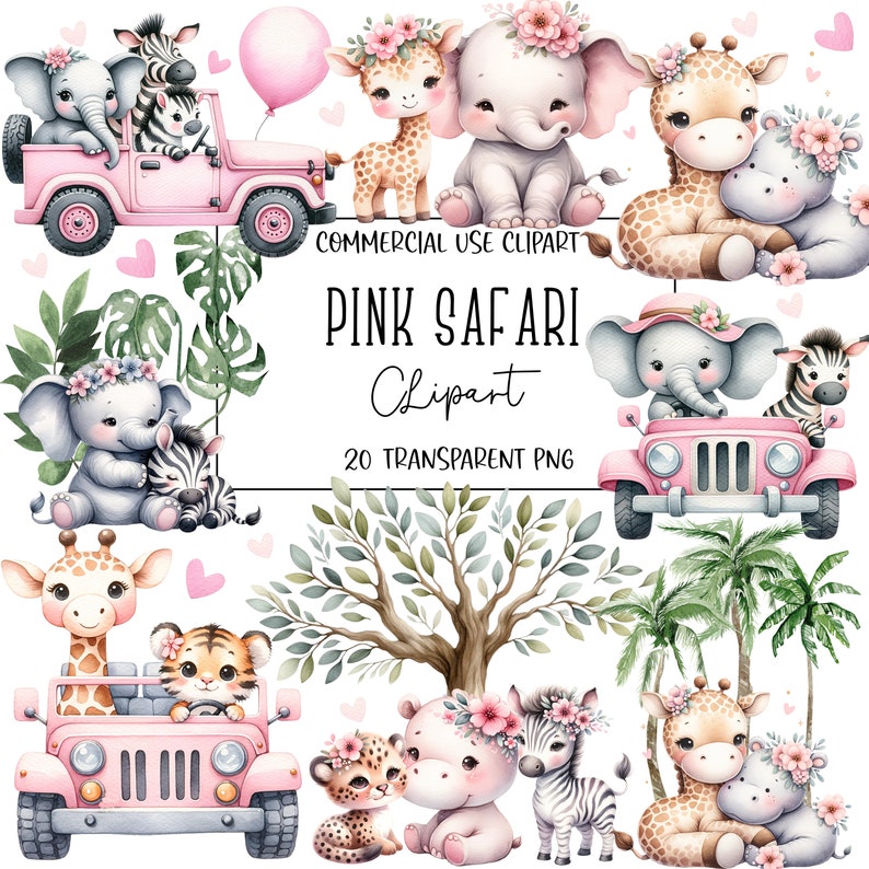 May include: A set of 20 watercolor illustrations featuring pink safari animals, including giraffes, elephants, zebras, hippos, and tigers. The animals are depicted in various poses, some riding in pink jeeps, others holding flowers or hearts. The illustrations are perfect for creating invitations, cards, or other craft projects.