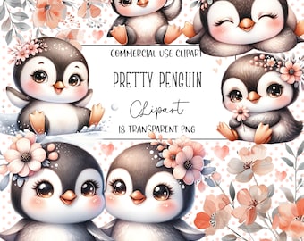 Mooie pinguïn, pinguïn clipart, pinguïn png, clipart bundel, aquarel clipart, PNG-bestand, transparante achtergrond, instant digitale download
