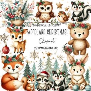 Woodland Christmas, Christmas Clipart, Christmas Png, Watercolor Clipart, Clipart Bundle, Transparent Background, Instant Digital Download