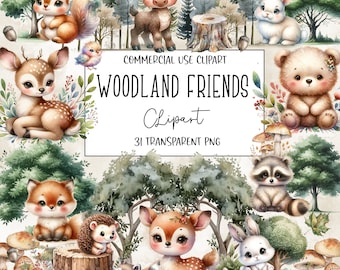 Watercolor Woodland Friends, Watercolor Clipart, Bunnies, PNG File, Transparent Background, Instant Digital Download