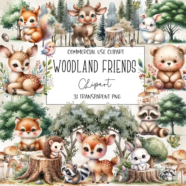 Watercolor Woodland Friends, Watercolor Clipart, Bunnies, PNG File, Transparent Background, Instant Digital Download