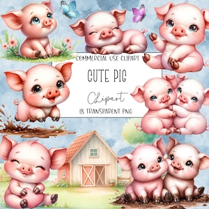 May include: A set of 18 digital clipart images featuring cute cartoon pink piglets in various poses. The piglets are depicted in a variety of settings, including a muddy puddle, a farm, and a field of flowers. The clipart images are perfect for use in digital scrapbooking, card making, and other creative projects.