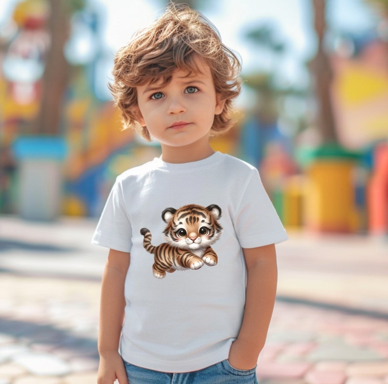 May include: A white t-shirt with a cartoon image of a cute tiger cub. The tiger is brown and orange with black stripes. The tiger is looking to the right and has a friendly expression.