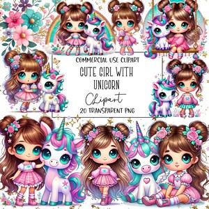 Cute Girl With Unicorn, Unicorn Clipart, Clipart Bundle, Unicorn Png, PNG File, Transparent Background, Instant Digital Download