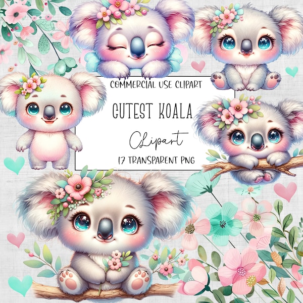 Cutest Koala, Koala Clipart, Koala Png, Koala Clipart Bundle, Watercolor Clipart, PNG File, Transparent Background, Instant Digital Download